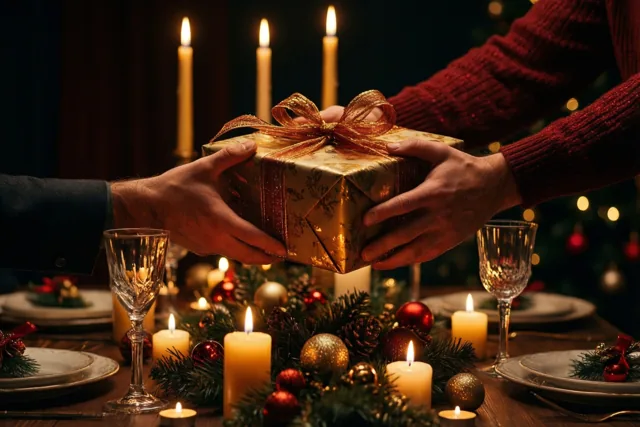 Twee handen geven een goudkleurig ingepakt kerstcadeau door boven een feestelijk gedekte tafel met brandende kaarsen, kerstversiering, dennentakken en kristallen glazen.