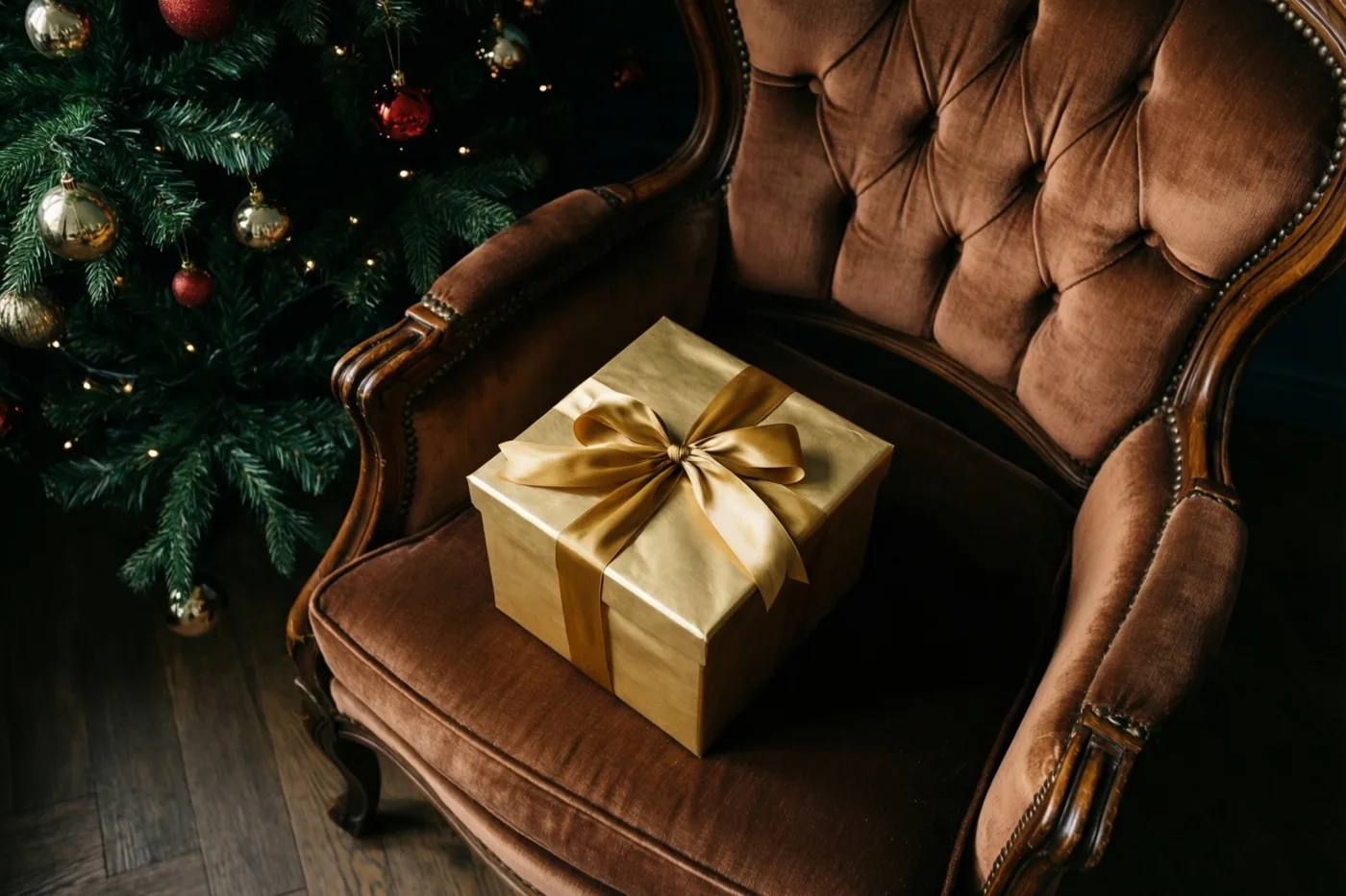 Een gouden geschenkdoos met een gouden lint staat op een bruine fluwelen fauteuil naast een kerstboom met rode en gouden versieringen.