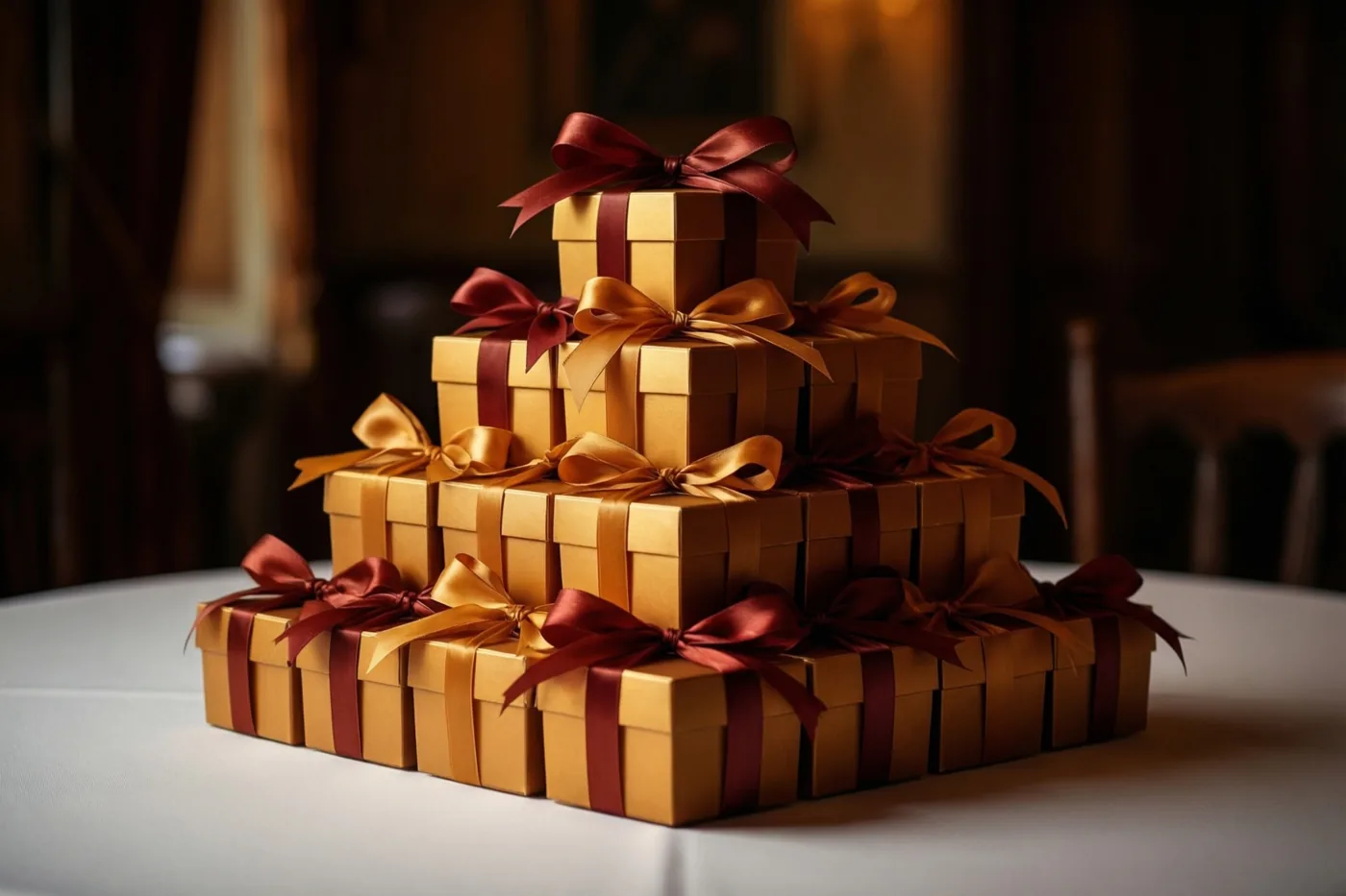 Goudkleurige geschenkdozen met rode en gouden satijnen linten staan in een piramide op een wit tafelkleed tegen een wazige achtergrond.