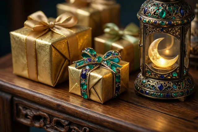 Goudkleurig ingepakte cadeaus met strikken versierd met sierstenen staan naast een sierlijke maanlantaarn op een donkere houten tafel met snijwerk.