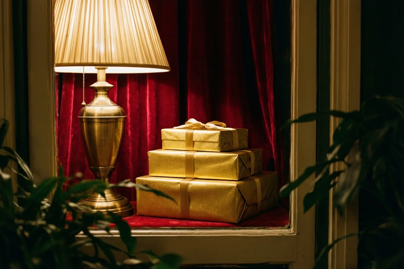 Drie goudkleurig ingepakte cadeaus staan op rood fluweel naast een messing lamp met een geplooide kap, voor donkerrode fluwelen gordijnen.