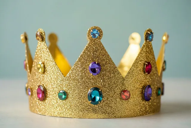 Een glinsterende gouden papieren kroon met kleurrijke papieren juwelen ligt op een lichte ondergrond tegen een zachtblauwe achtergrond, in warm licht.