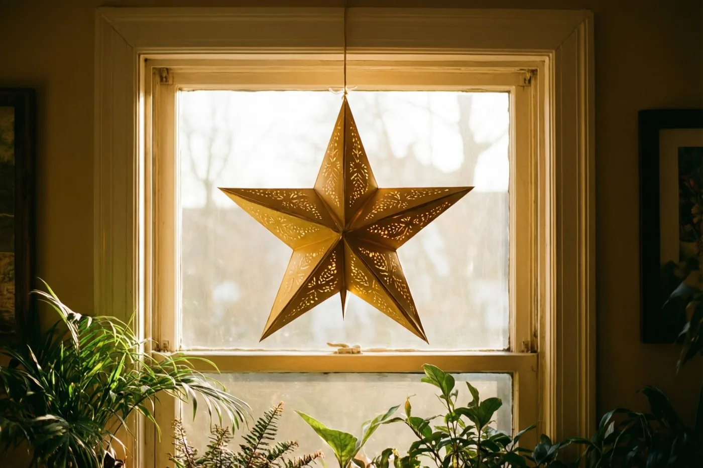 Een gouden papieren ster met fijne uitsparingen hangt aan een touwtje voor een helder raam met houten omlijsting, tussen kamerplanten, en verspreidt een warme gloed.