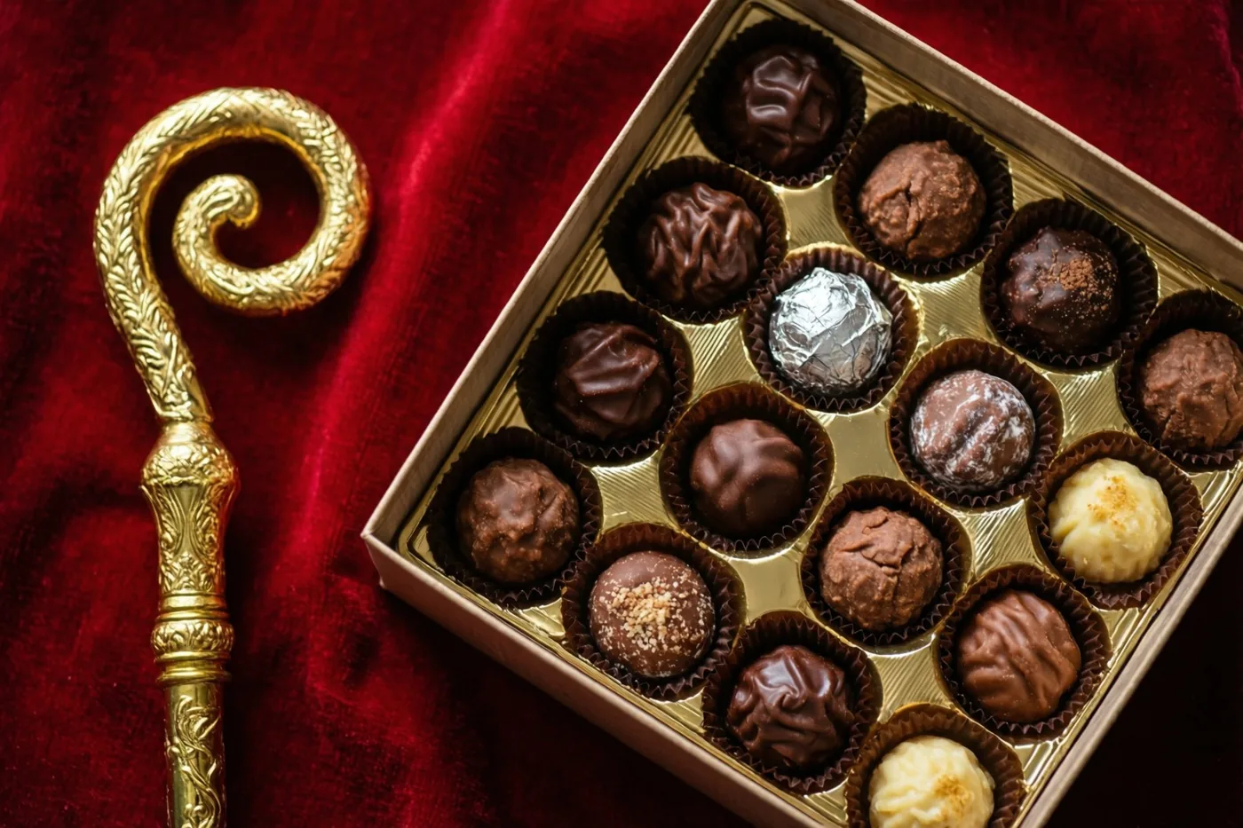 Een gouden doos met verschillende Belgische pralines staat naast een sierlijke gouden bisschopsstaf op rood fluweel.