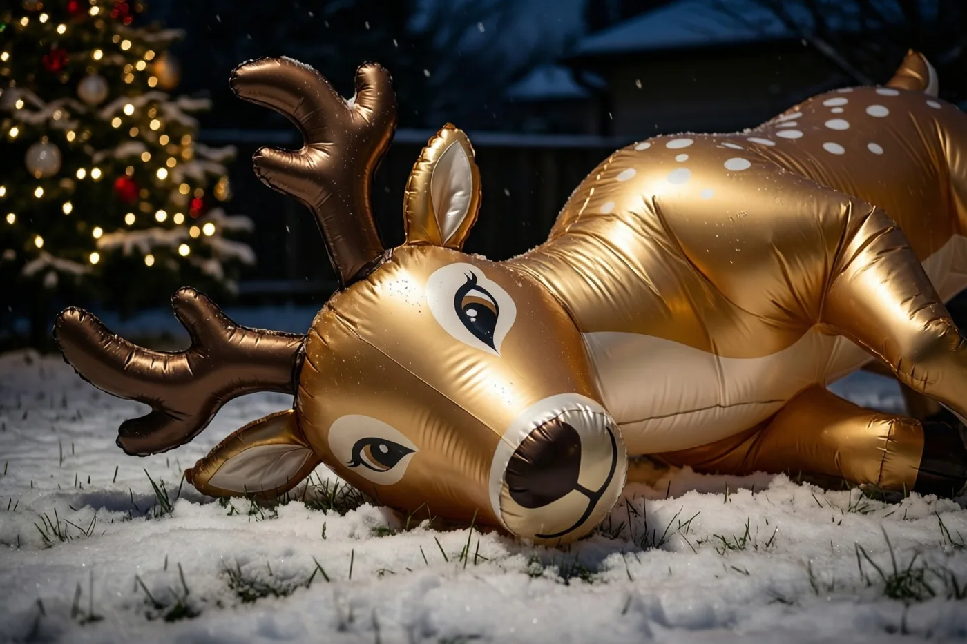 Een goudkleurig opblaasrendier ligt 's nachts ingezakt in een besneeuwde voortuin, met een verlichte kerstboom op de achtergrond.