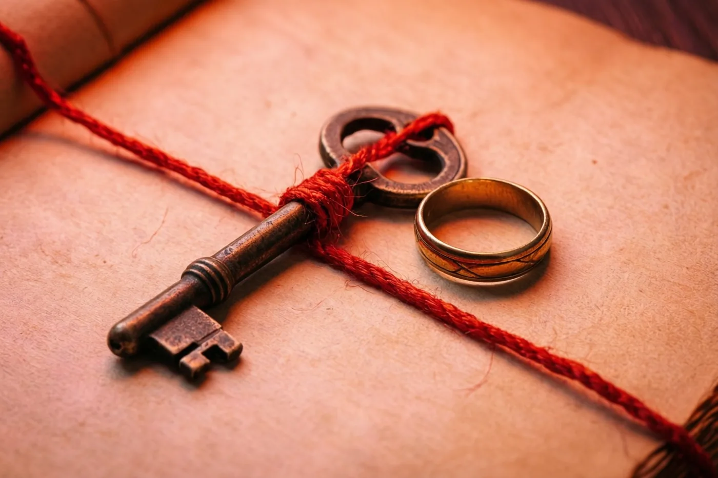 Een oude sleutel en een gouden ring liggen met rood touw aan elkaar gebonden op oud papier met structuur in warme aardetinten.