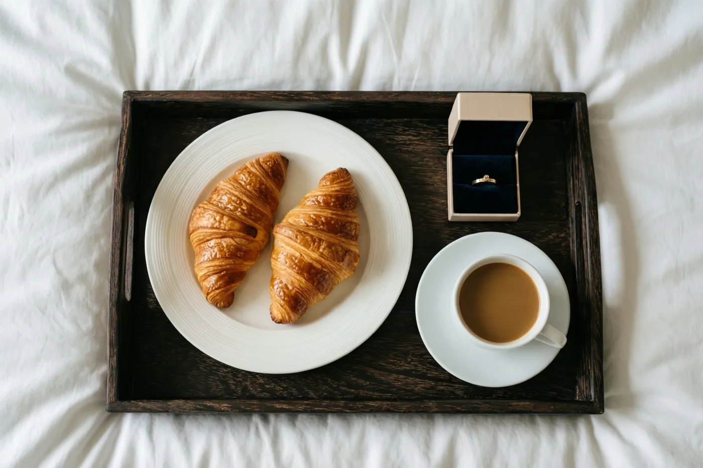 Een donker houten dienblad met twee goudbruine croissants op een wit bord, een kop koffie en een open ringdoosje met een gouden ring staat op een wit laken.