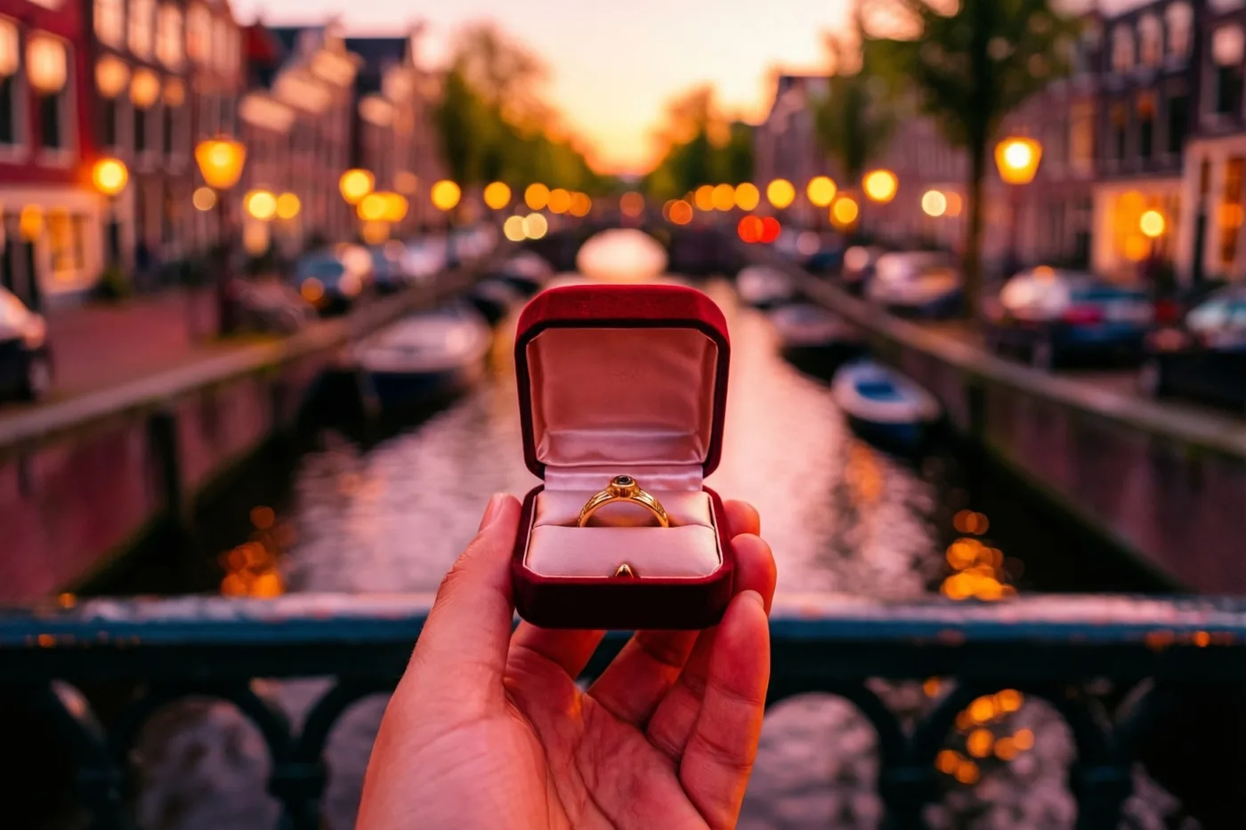 Een hand houdt een open rood fluwelen doosje met een gouden ring boven een brugleuning aan een kanaal, met onscherpe gebouwen en lichtjes in oranje en roze avondtinten.