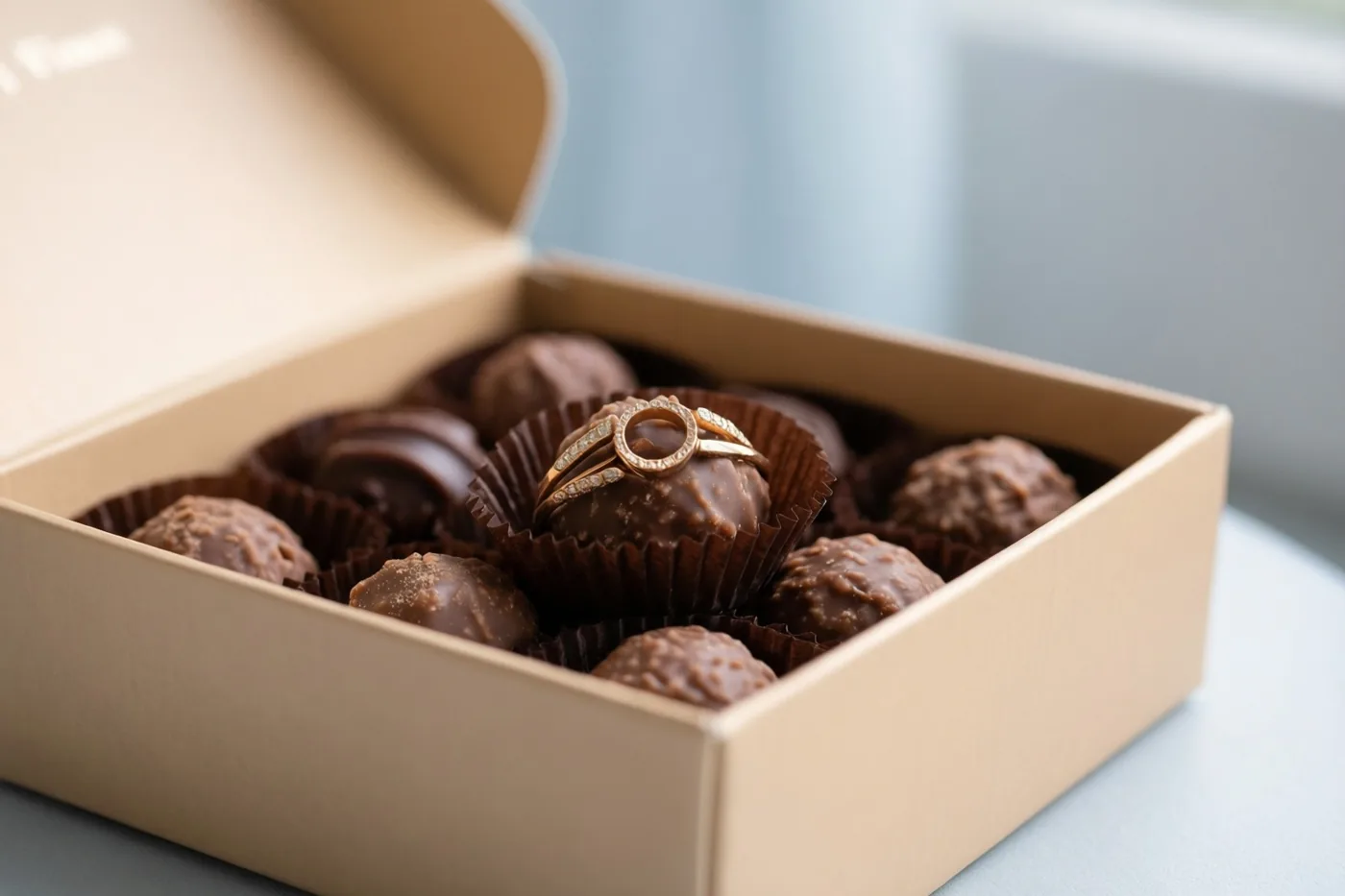 Een open doos Belgische pralines staat op een lichtblauwe ondergrond, met een gouden ring op een van de pralines en een wazige achtergrond.