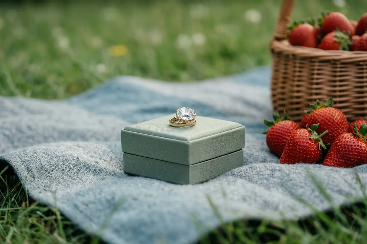 Een lichtgroen ringdoosje met een gouden ring erop staat op een blauwgrijs picknickdeken in een grasweide, naast aardbeien en een rieten mand.