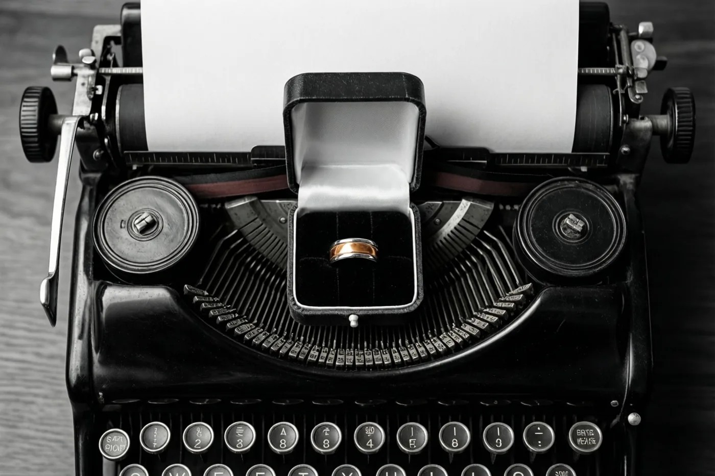 Een open ringdoosje met een gouden ring staat op de toetsen van een vintage typemachine met een blanco vel papier, weergegeven in monochrome tinten.