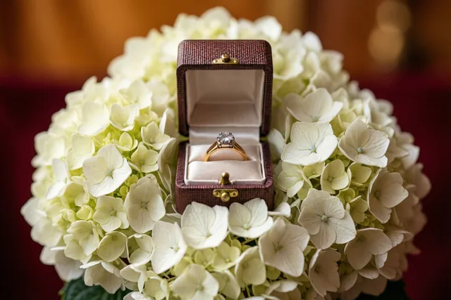 Gouden geluk tussen witte hortensia’s