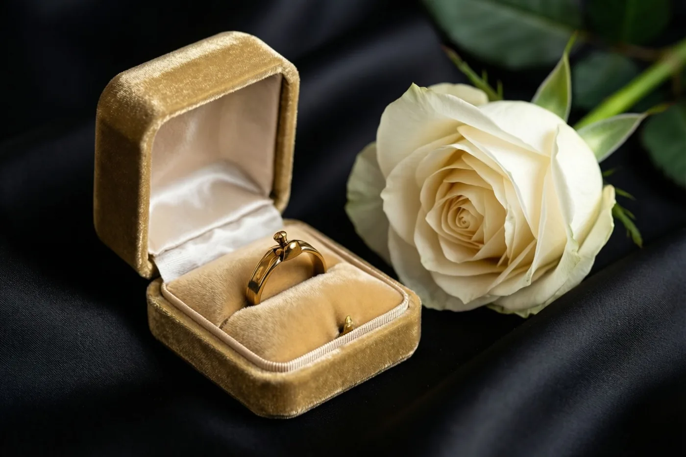 Een open goudkleurig fluwelen ringdoosje met een gouden ring staat naast één witte roos op zwarte zijde in zacht licht.