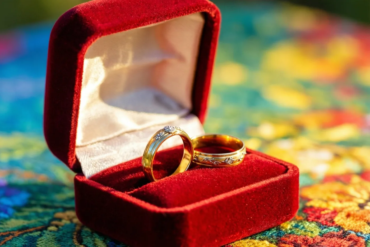 Twee gouden trouwringen liggen in een open roodfluwelen ringendoosje op een kleurrijke stof met een patroon, in zacht warm licht.