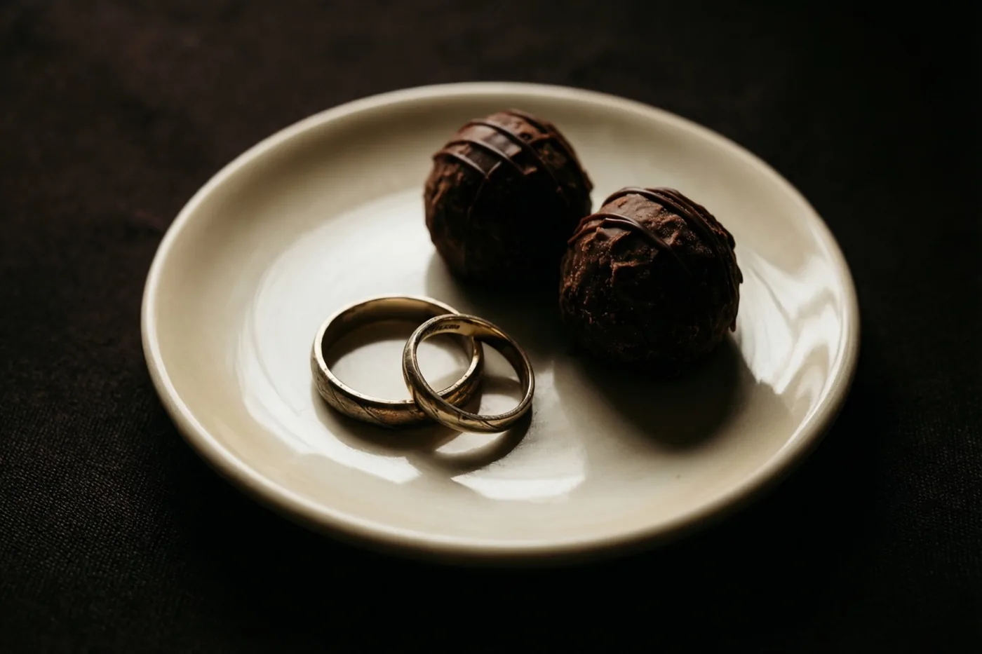 Twee gouden trouwringen liggen met twee donkere chocoladetruffels op een klein wit bord tegen een donkere achtergrond in zacht licht.