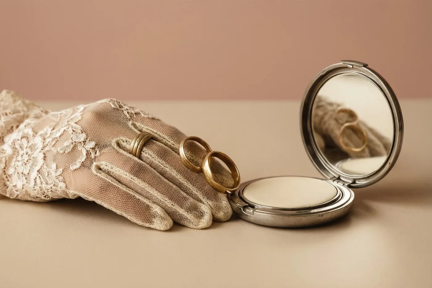 Een oude kanten handschoen met twee gouden trouwringen ligt naast een open zakspiegeltje uit de jaren vijftig op een effen ondergrond, in warme sepiatinten.