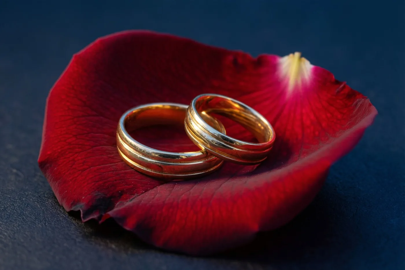 Twee gouden ringen liggen in elkaar op één fluweelachtig rood rozenblaadje tegen een zachte donkerblauwe achtergrond.