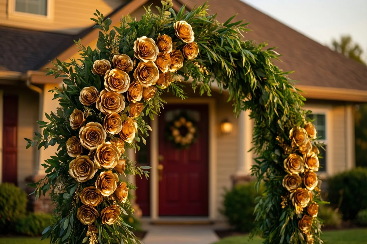 Een grote boog van groen en gouden papieren rozen staat voor de ingang van een huis in warm, goudkleurig licht.