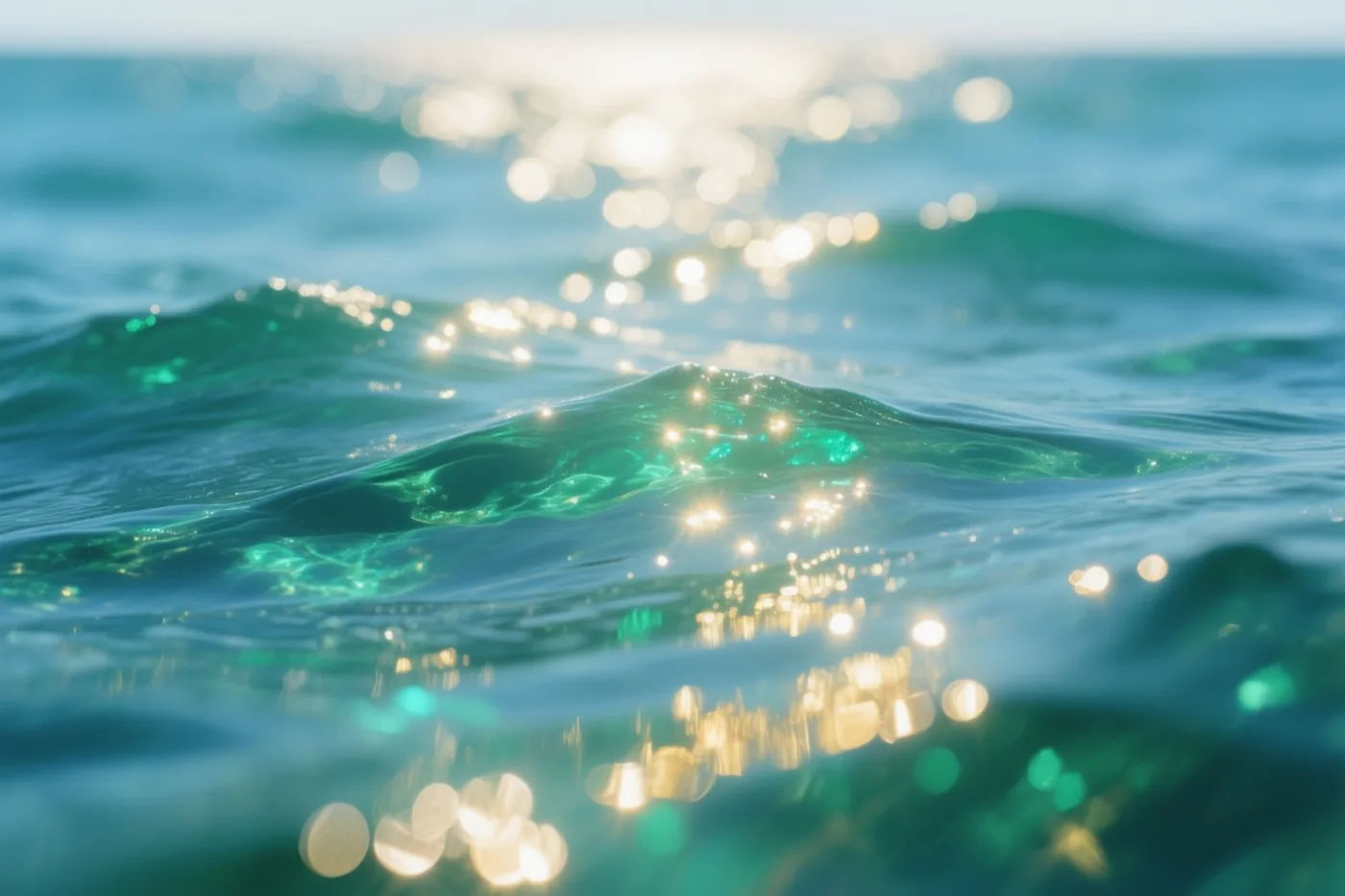 Een close-up toont blauwgroene zeegolven met heldere goudkleurige schitteringen van de zon.