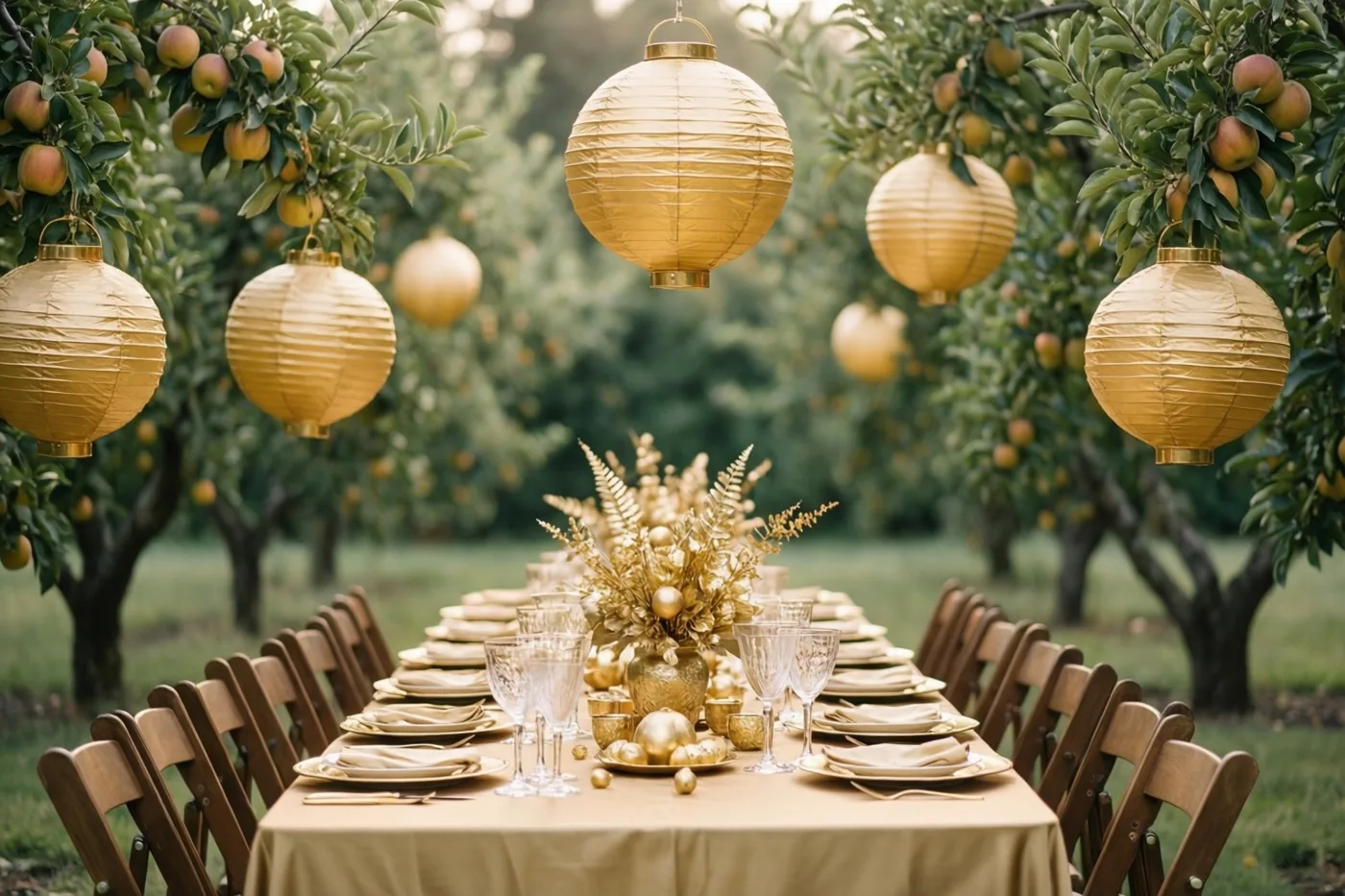 Een lange tafel met goudkleurig servies en een gouden tafelstuk staat tussen oude vruchtdragende fruitbomen met gouden papieren lampionnen in warm licht.