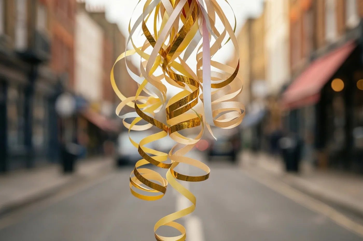 Gouden en witte papieren slingers zweven in warm zonlicht boven een onscherpe stadsstraat.