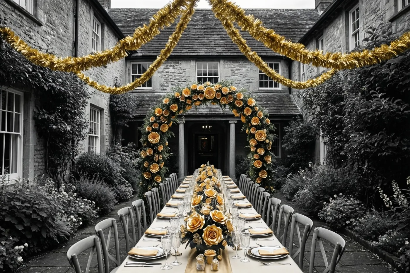 Een lange feesttafel met gouden slingers en een boog van papieren rozen staat op een stenen hoevebinnenplaats, in zwart-wit met de gouden versiering in kleur.