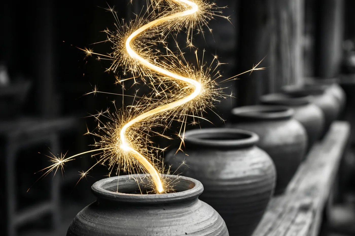 Een gouden lichtspoor van een sterretje vormt een spiraal boven een rij potten van klei tegen een donkere, onscherpe en verder monochrome achtergrond.