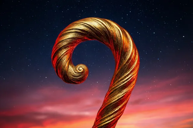 Een grote gouden staf met een spiraalvormige krul steekt af tegen een sterrenhemel boven een roze en oranje horizon.