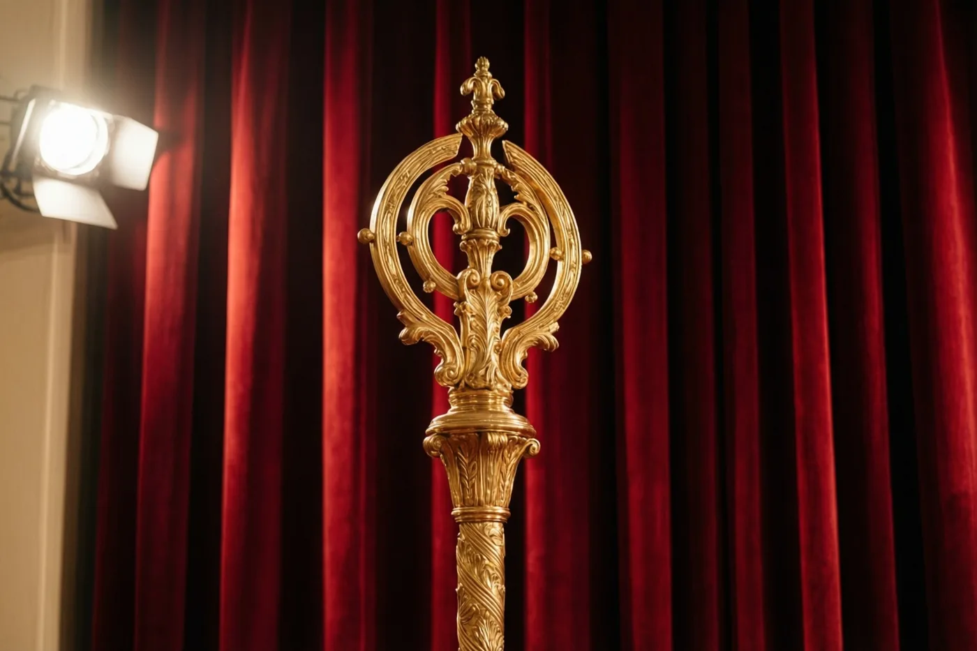 Een gouden staf staat voor een dieprood fluwelen gordijn onder warme toneelverlichting.