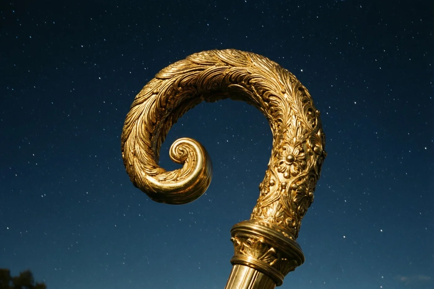 Een gouden bisschopsstaf met sierlijke krullen en uitgesneden bloemen steekt af tegen een donkere sterrenhemel.