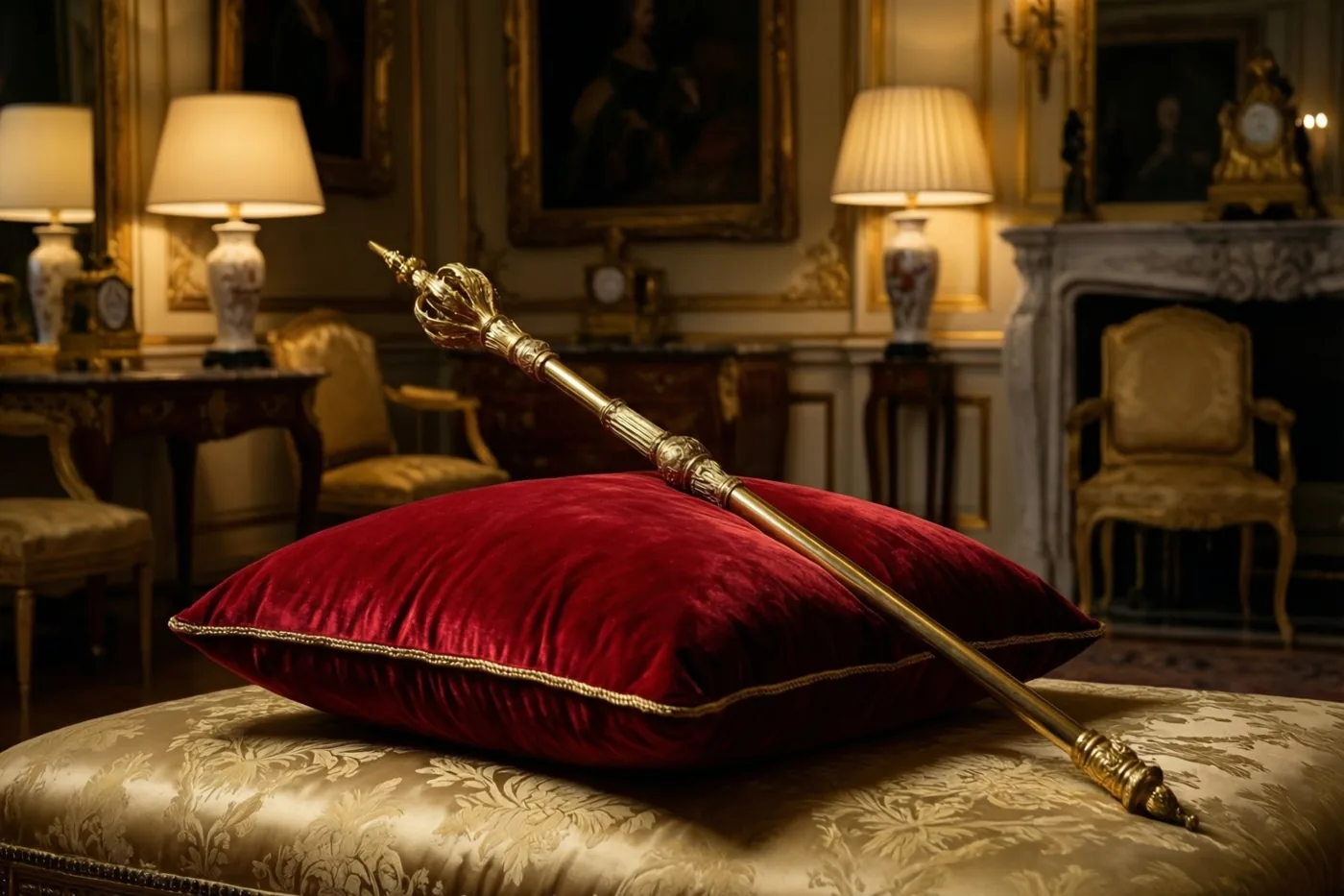 Een gouden staf ligt op een rood fluwelen kussen op een sierlijke poef in een warm verlichte kamer met vergulde meubels en ingelijste schilderijen.