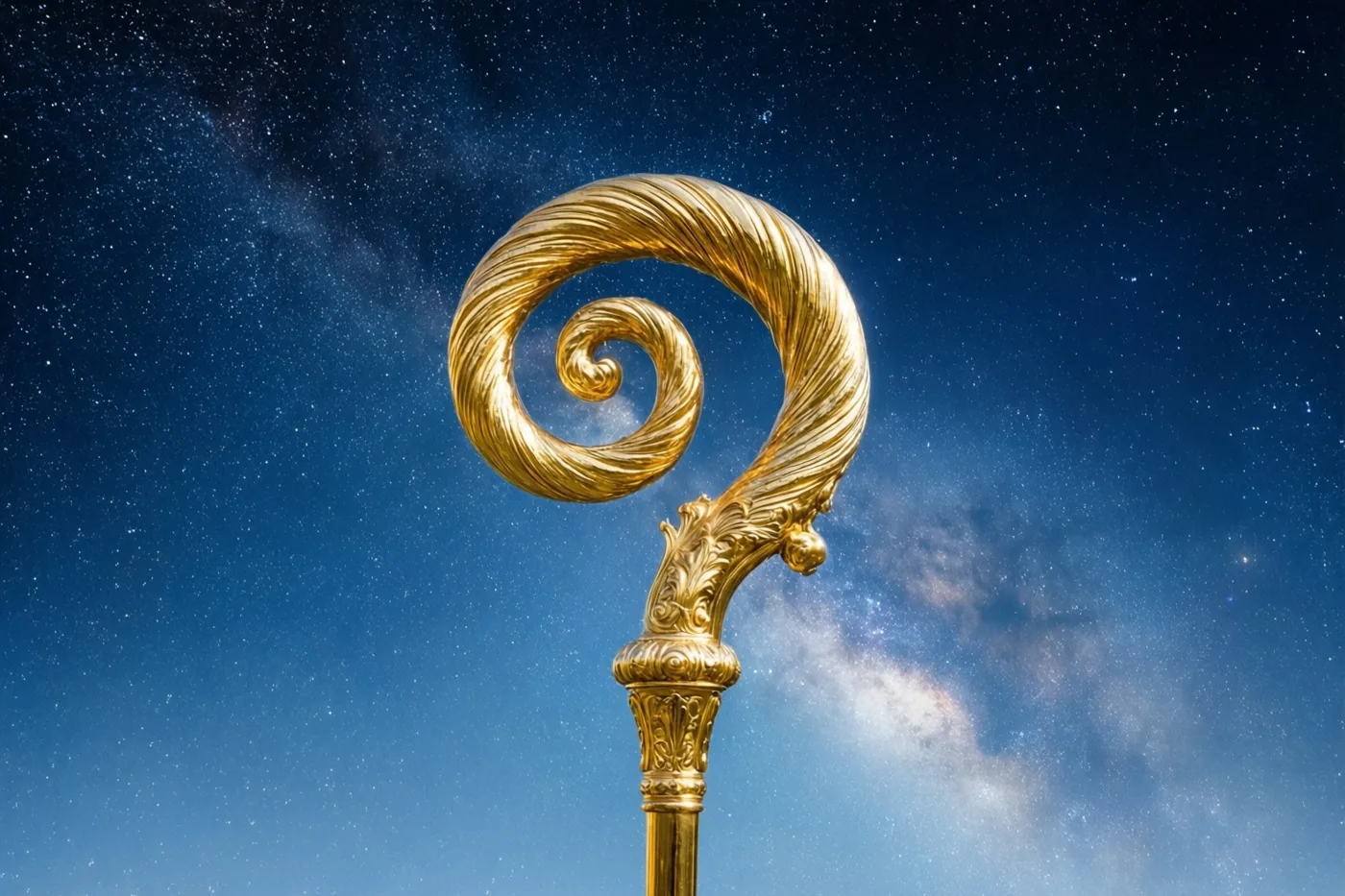 Een gouden bisschopsstaf met een grote spiraal staat tegen een diepblauwe sterrenhemel waarin de Melkweg zichtbaar is.