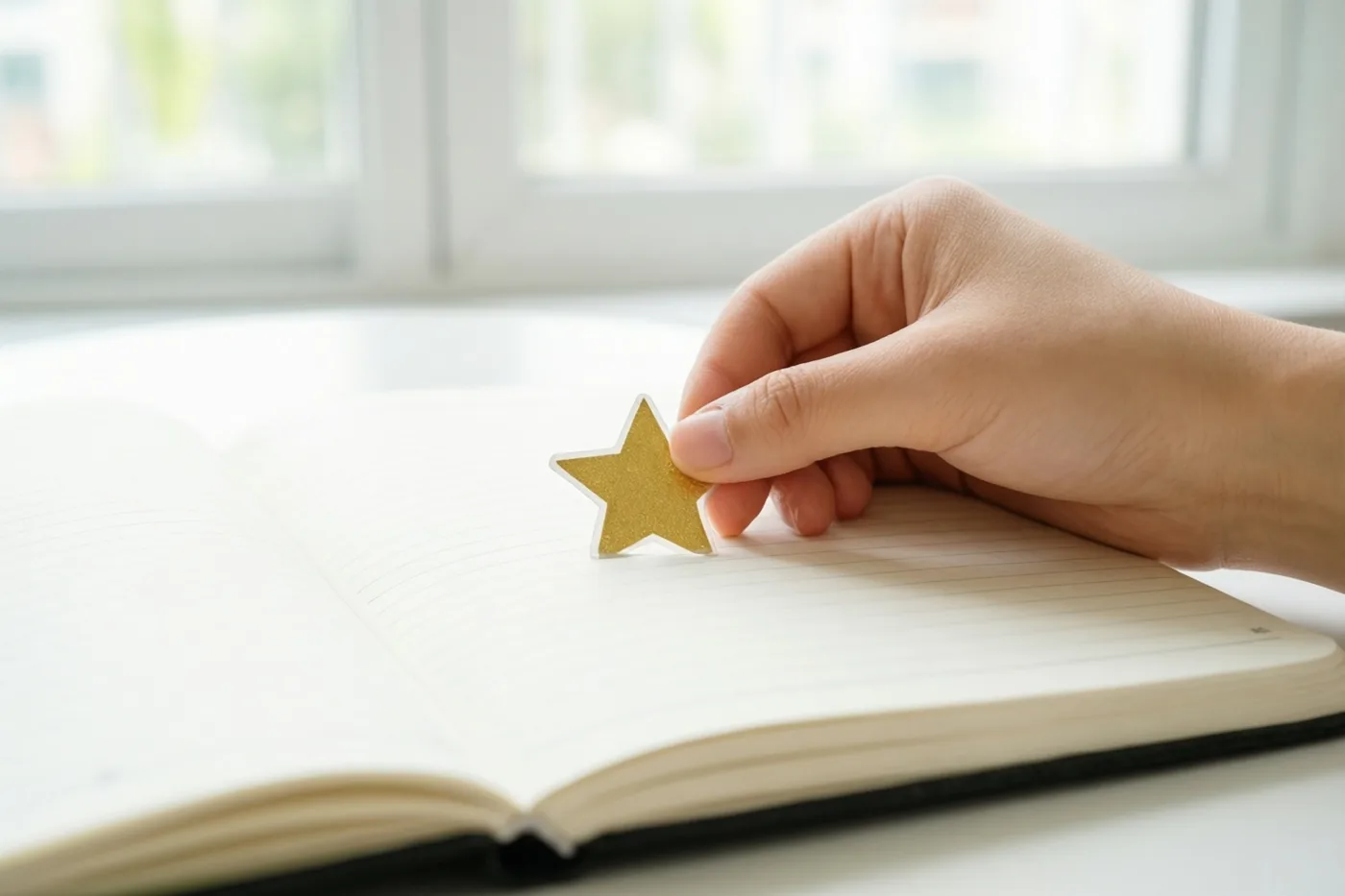 Een hand plakt een gouden ster op een open gelijnd schrift op een wit oppervlak, met een helder raam op de achtergrond.