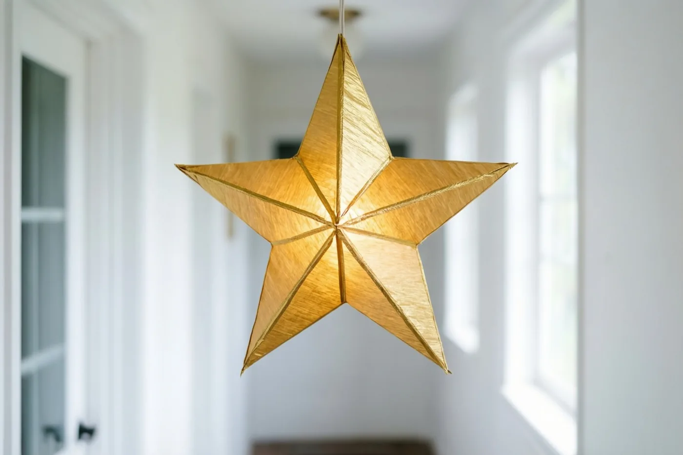 Een gouden papieren sterlantaarn hangt in een witte gang in zacht licht.