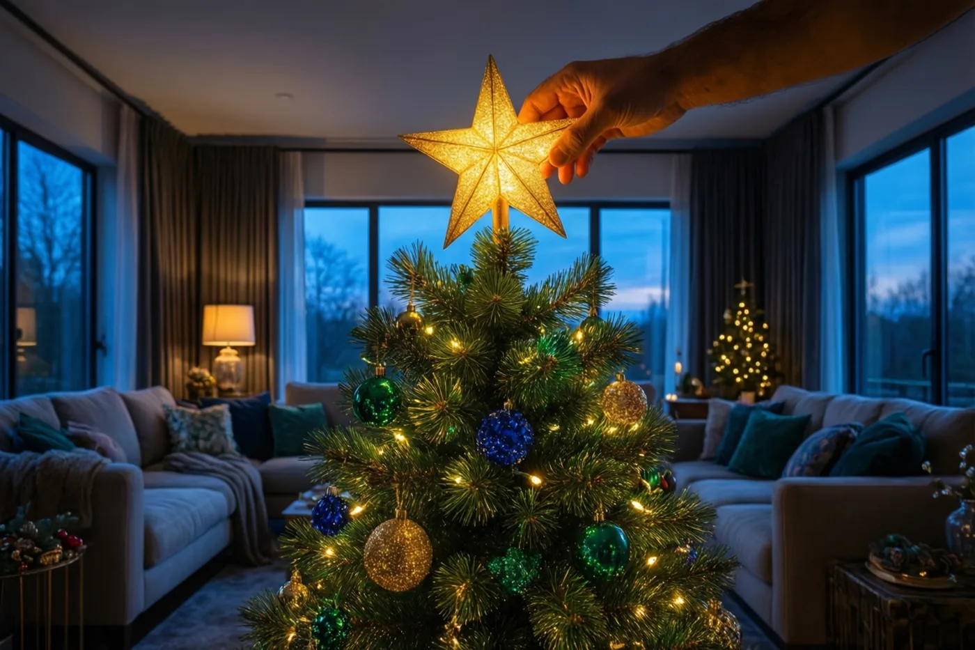 Een hand zet een lichtgevende gouden ster op een kerstboom met blauwe en groene versiering in een woonkamer bij valavond, met achteraan een tweede verlichte boom.