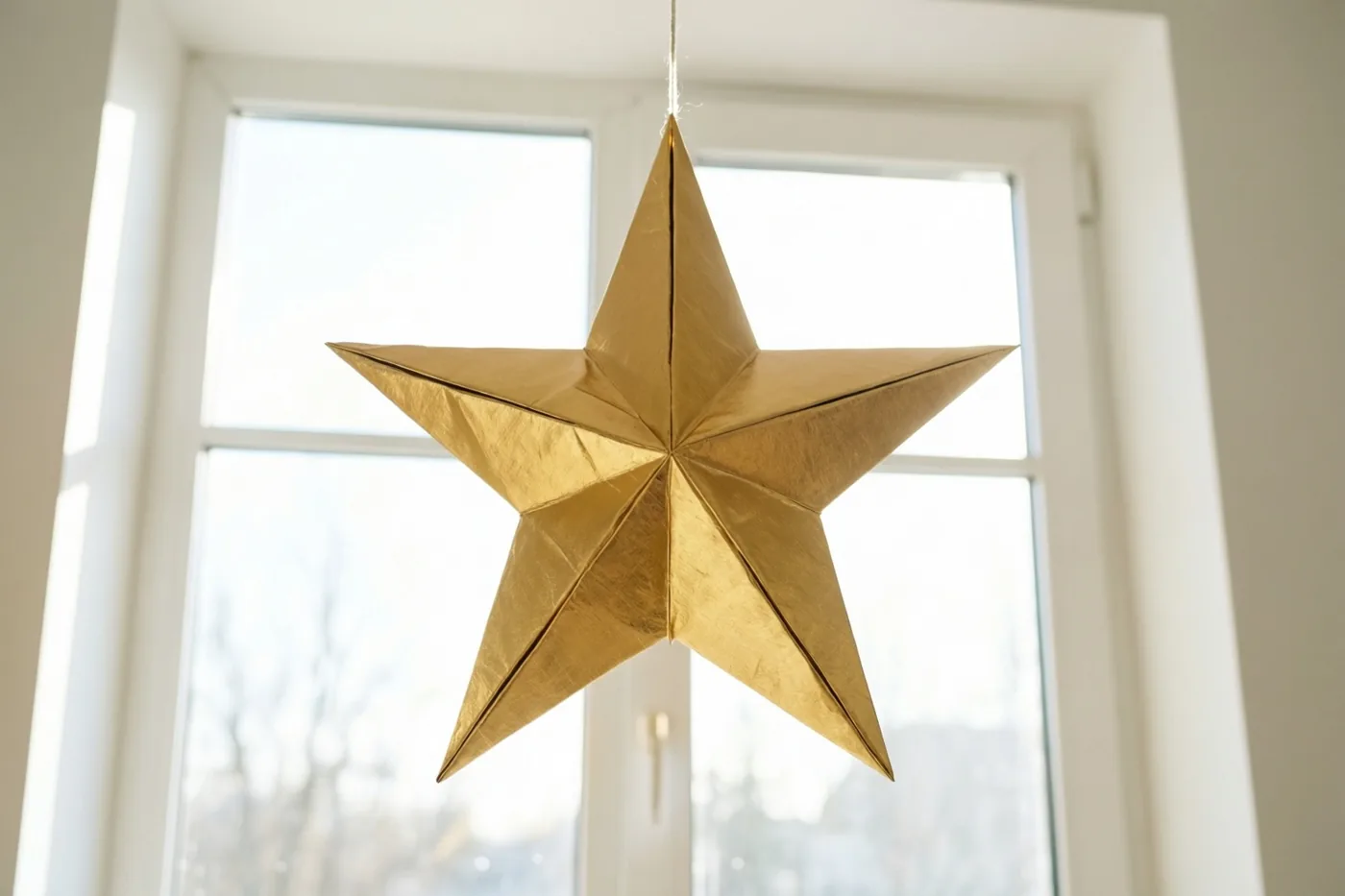 Een gouden papieren ster hangt voor een helder raam met witte kozijnen, in zacht daglicht.