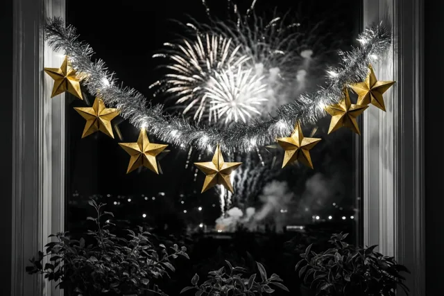 Gouden papieren sterren en zilveren slingers hangen bovenaan een raam met kamerplanten eronder en vuurwerk buiten, in een verder zwart-wit beeld.