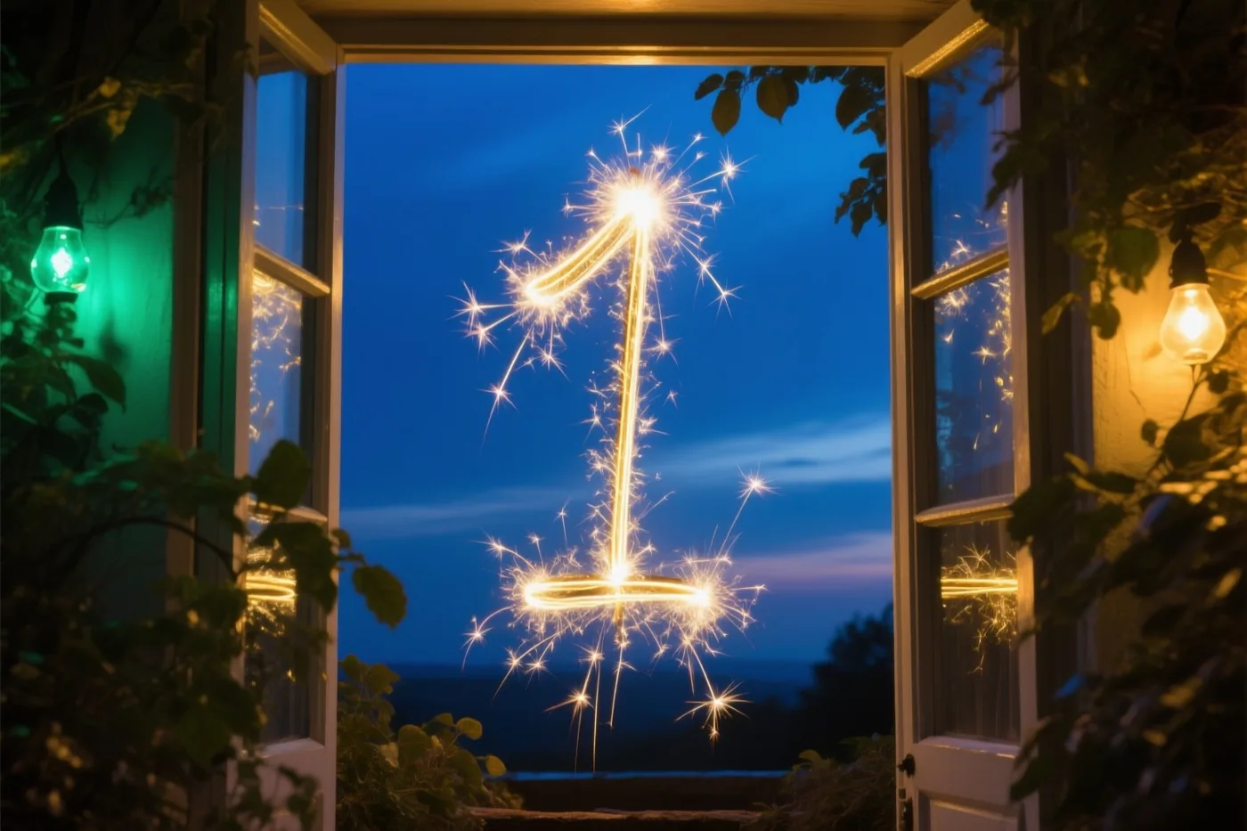 Een gouden sterretje in de vorm van het cijfer 1 trekt lichtsporen tegen een diepblauwe nachtlucht, omlijst door een open raam, warm binnenlicht en bladeren.