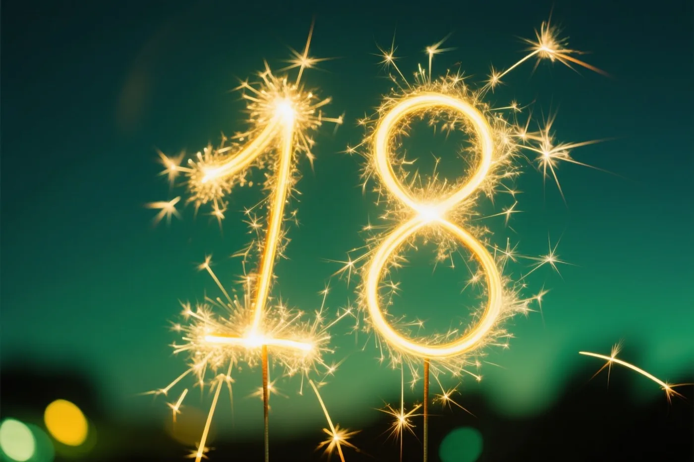 Gouden sterretjes vormen het getal 18 met heldere stervormige lichtstralen tegen een donkere blauwgroene nachtlucht.