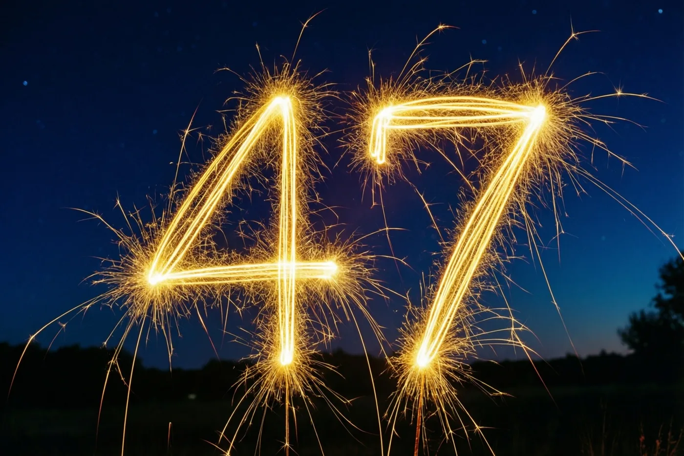 Gouden lichtsporen van sterretjes vormen 47 tegen een donkere nachthemel met zwak zichtbare sterren.