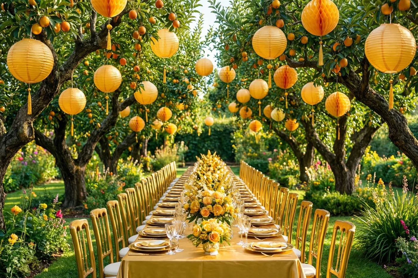 Een lange goudkleurige tafel is gedekt onder rijen oude fruitbomen met hangende papieren lampionnen, in warm zonlicht.