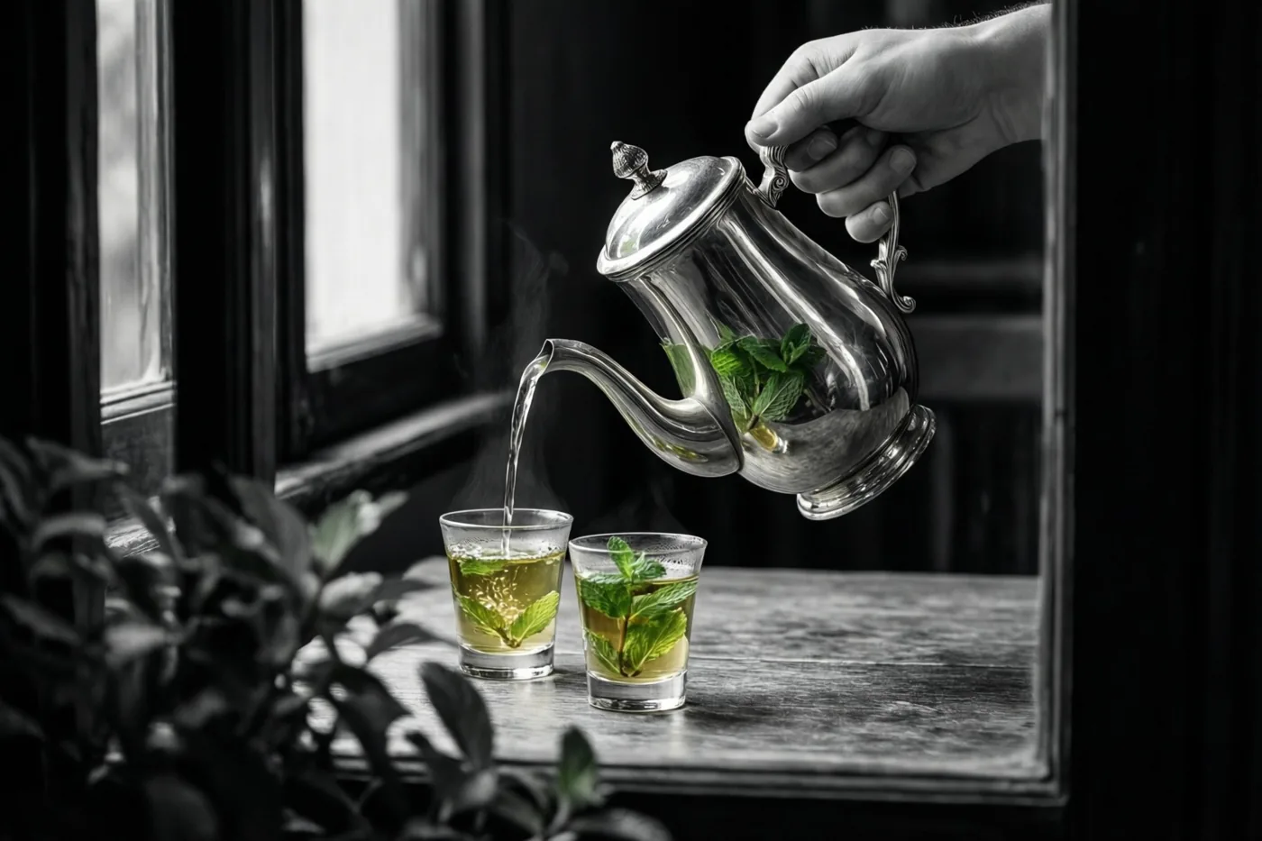 Een hand schenkt dampende muntthee uit een hoge zilveren theepot in twee kleine glazen bij een raam, waarbij alleen de groene munt en gouden thee kleur hebben.