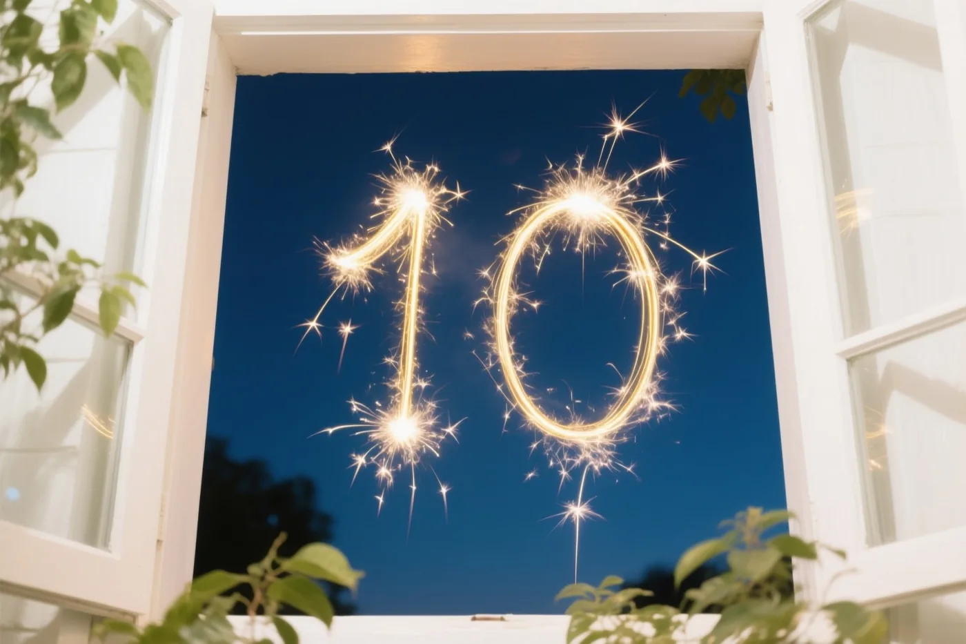 Door een open wit raam is het getal 10 van gouden lichtsporen te zien tegen een donkerblauwe nachthemel, met groene bladeren op de voorgrond.
