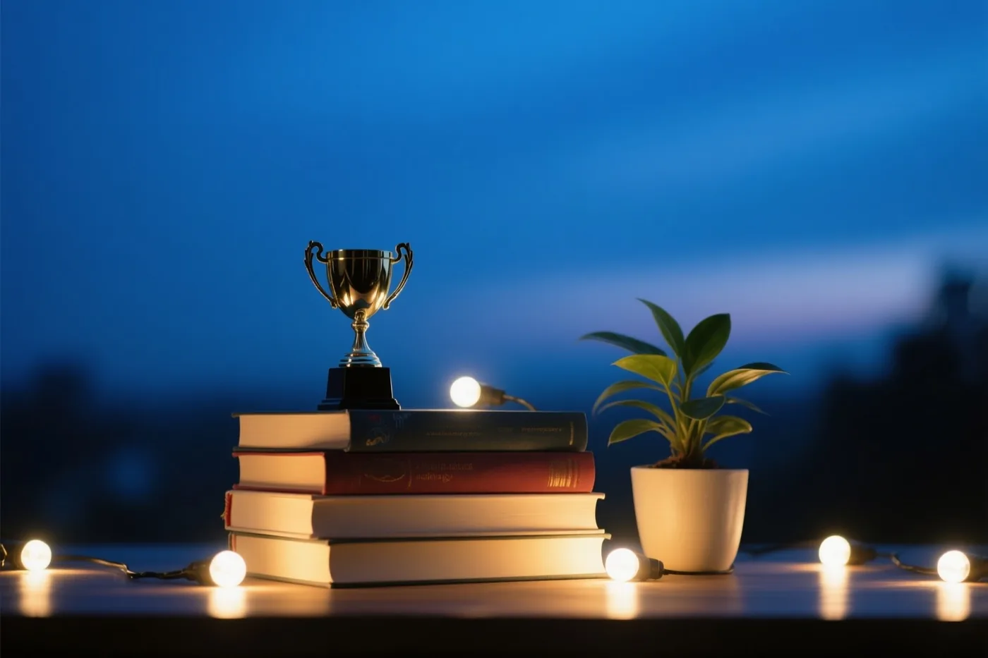 Een kleine gouden trofee staat op een stapel boeken op een tafel naast een plant in een pot, verlicht door een lichtsnoer tegen een schemerblauwe achtergrond.