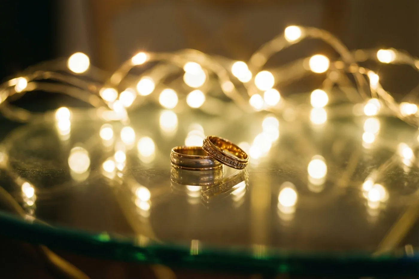 Twee gouden trouwringen liggen op een spiegelende glazen tafel, met onscherpe lichtjes op de achtergrond in gouden en amberkleurige tinten.