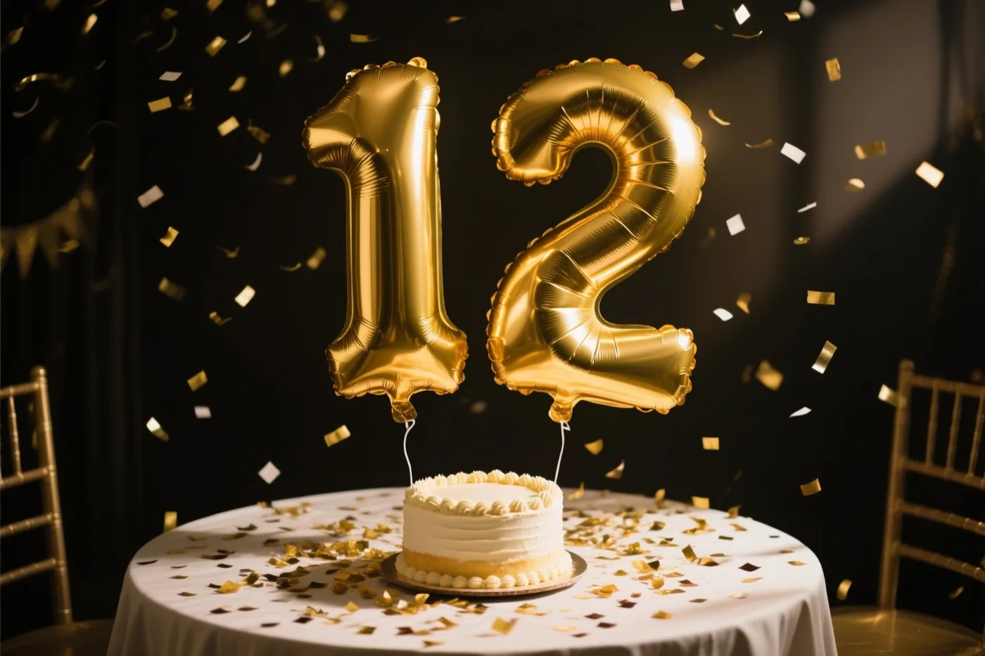 Grote goudkleurige folieballonnen vormen 12 boven een tafel met een wit kleed, gouden confetti en een kleine wit geglazuurde taart, tegen een donkere achtergrond met vallende confetti.