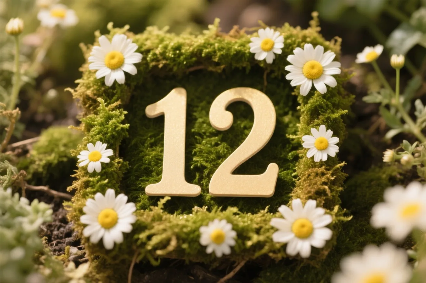 Een goudkleurig getal 12 staat midden op een weelderig groen mosframe, omringd door witte madeliefjes in een landelijke tuin.