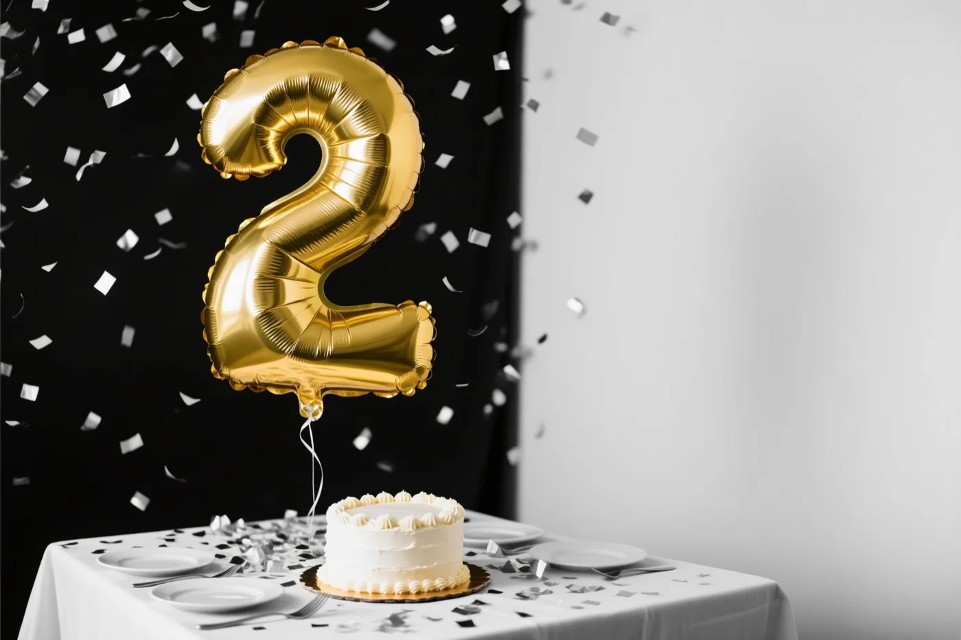 Een grote gouden cijferballon 2 zweeft boven een tafel met een wit geglazuurde taart en zilveren confetti, tegen een zwart-witte achtergrond.