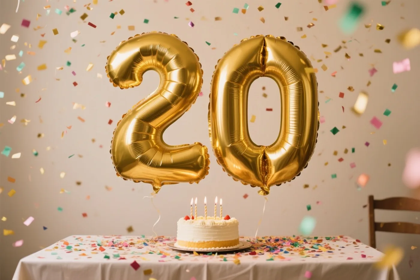 Grote gouden folieballonnen vormen 20 boven een tafel met kleurrijke confetti en een klein taartje met brandende kaarsjes, met vallende confetti tegen een effen muur.