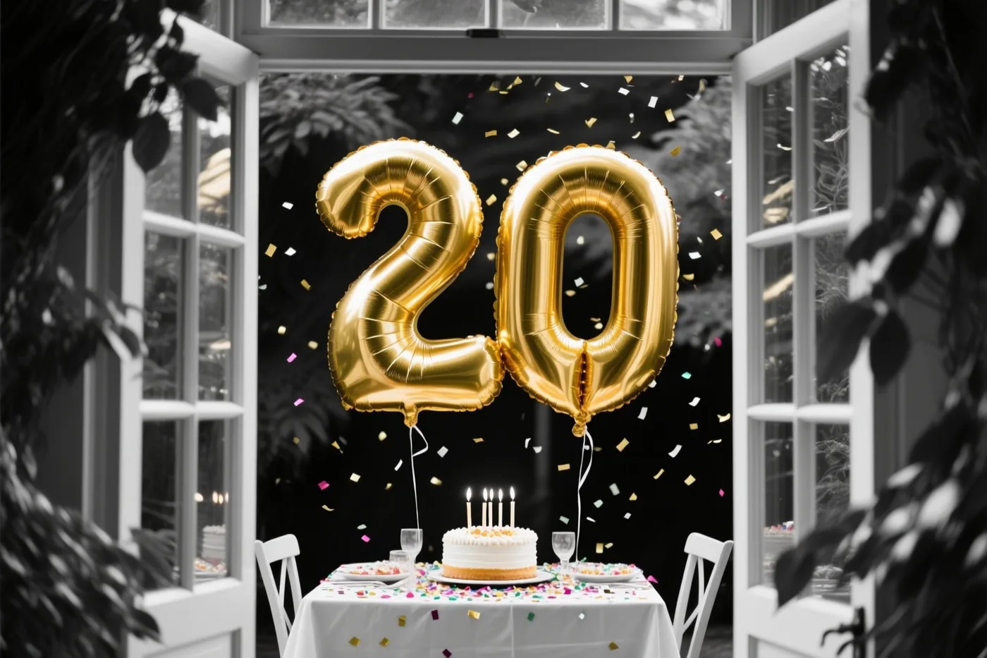 Door een open raam is binnen een feesttafel met taart en confetti te zien, met grote gouden folieballonnen in de vorm van 20 tegen een zwart-witte achtergrond.